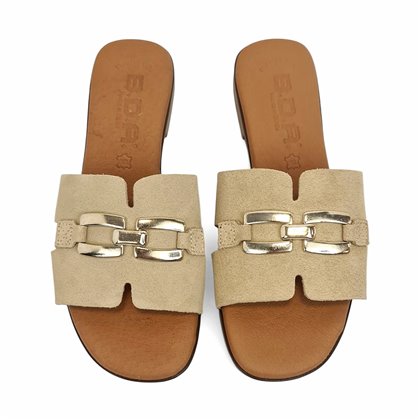 Womens Leather Flat Flip-Flop Style Sandals Suede Gold Detail Padded Insole 105 Beige, by Bda