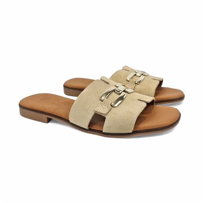 Womens Leather Flat Flip-Flop Style Sandals Suede Gold Detail Padded Insole 105 Beige, by Bda