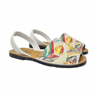 Womens Menorcan Flat Sandals Leather Colourful Geometric Patterns 518 White, by C.Ortuño
