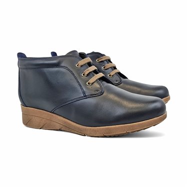 Womens Soft Leather Ankle Boots Wedge Laces Closure 2774 Navy, by Berelax