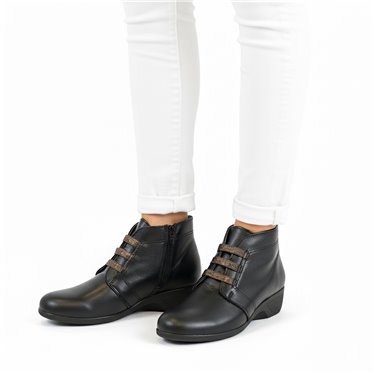Womens Soft Leather Ankle Boots Low Wedge Zip and Elastic Laces 3950 Black, by BeRelax