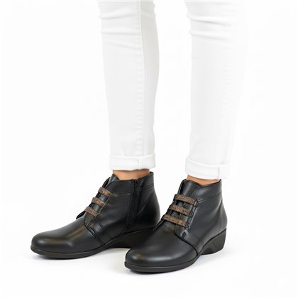 Womens Soft Leather Ankle Boots Low Wedge Zip and Elastic Laces 3950 Black, by BeRelax