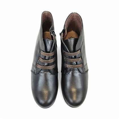 Womens Soft Leather Ankle Boots Low Wedge Zip and Elastic Laces 3950 Black, by BeRelax