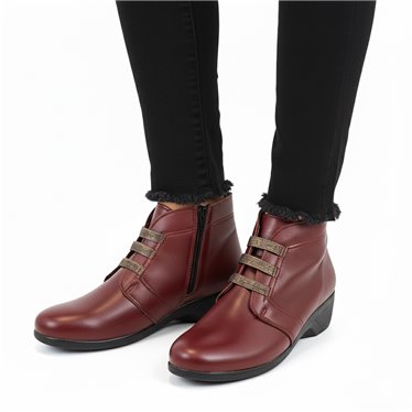 Botines Cómodos Mujer Piel Blanda Cuña Cremallera Y Cordones Elásticos 3950 Burdeos, de Berelax