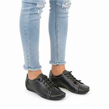 Womens Soft Leather Sneakers Elastic Lace 454 Black, by BeRelax