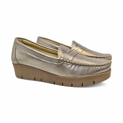 Womens Soft-Leather Comfort Loafers Low Wedge Penny Loafer Style 3145 Gold, by BeRelax