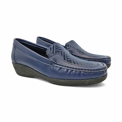 Womens Comfort Loafers Soft Leather and Elastic Lycra 3080 Navy, by BeRelax