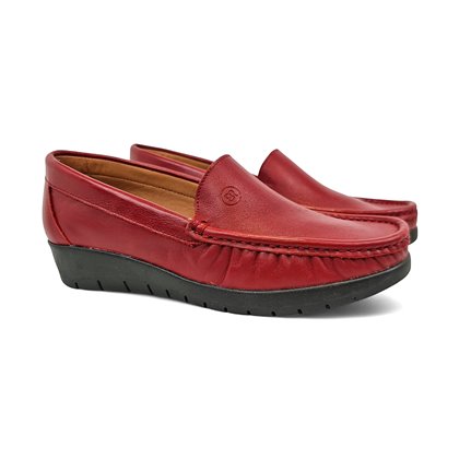Womens Soft-Leather Loafers Low-Wedge Padded Insole Gel Footbed 17001 Red, by BeRelax