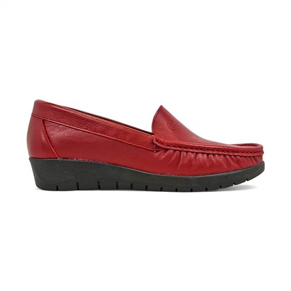Womens Soft-Leather Loafers Low-Wedge Padded Insole Gel Footbed 17001 Red, by BeRelax