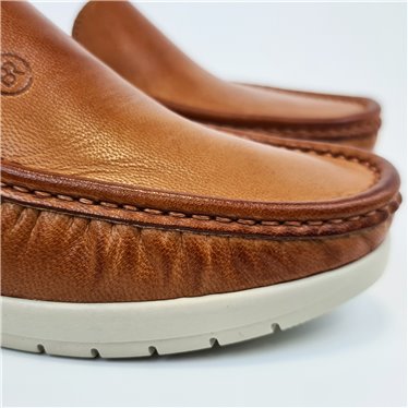 Womens Soft-Leather Loafers Low-Wedge Padded Insole Gel Footbed 17001 Brown, by BeRelax