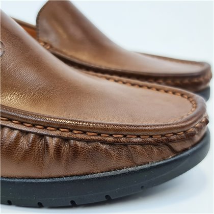 Womens Soft-Leather Loafers Low-Wedge Padded Insole Gel Footbed 17001 Brown, by BeRelax