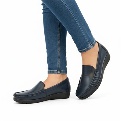Womens Soft-Leather Loafers Low-Wedge Padded Insole Gel Footbed 17001 Navy, by BeRelax
