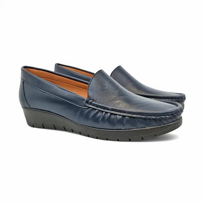 Womens Soft-Leather Loafers Low-Wedge Padded Insole Gel Footbed 17001 Navy, by BeRelax