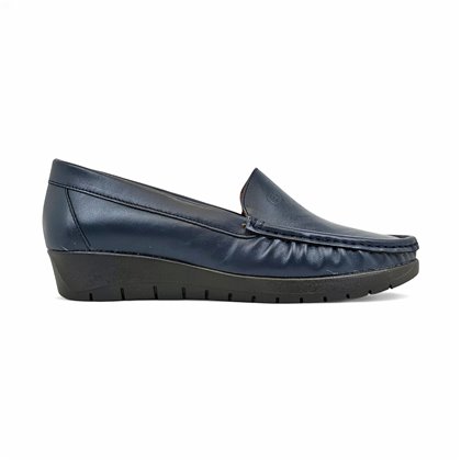 Womens Soft-Leather Loafers Low-Wedge Padded Insole Gel Footbed 17001 Navy, by BeRelax