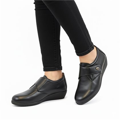 Womens Soft-Leather Wedge Shoes Velcro Closure 3910 Black, by BeRelax