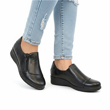 Womens Soft-Leather Wedge Shoes Lateral Zip and Vamp Elastics 3560 Black, by BeRelax