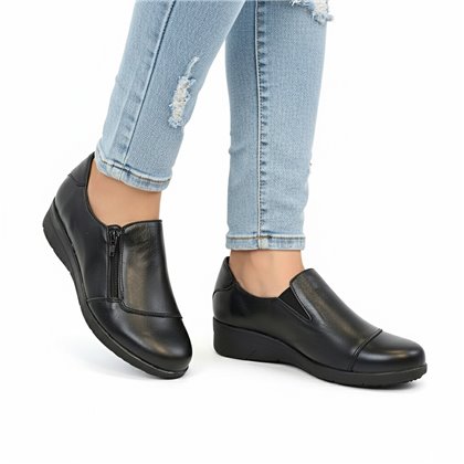 Womens Soft-Leather Wedge Shoes Lateral Zip and Vamp Elastics 3560 Black, by BeRelax
