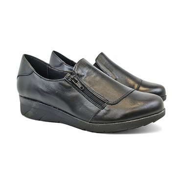 Womens Soft-Leather Wedge Shoes Lateral Zip and Vamp Elastics 3560 Black, by BeRelax