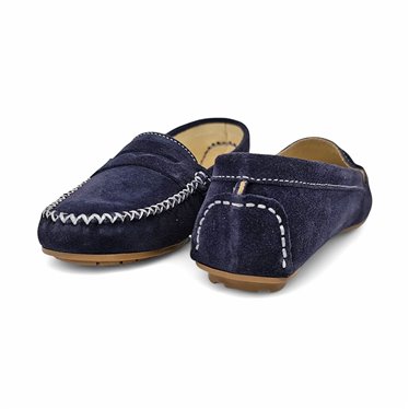 Womens Suede Leather Loafers Penny-Trim 111 Navy, by Bda