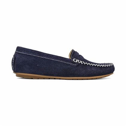 Womens Suede Leather Loafers Penny-Trim 111 Navy, by Bda