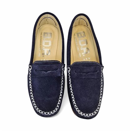 Womens Suede Leather Loafers Penny-Trim 111 Navy, by Bda