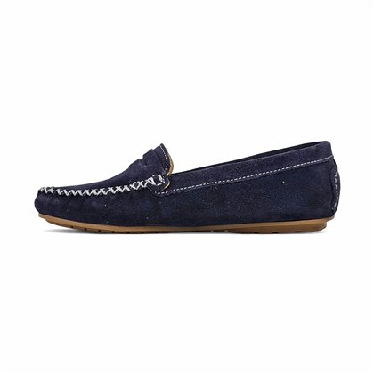 Womens Suede Leather Loafers Penny-Trim 111 Navy, by Bda