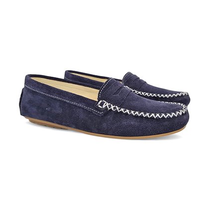 Womens Suede Leather Loafers Penny-Trim 111 Navy, by Bda