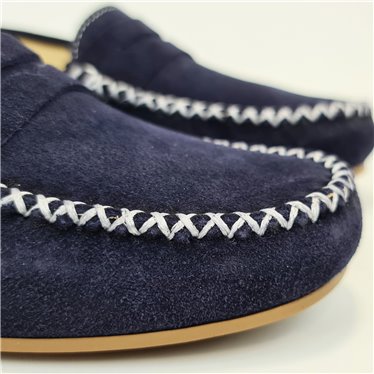 Womens Suede Leather Loafers Penny-Trim 111 Navy, by Bda