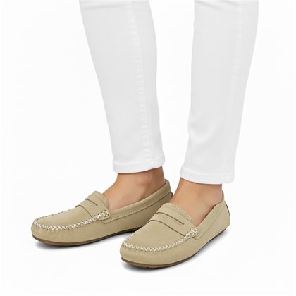 Womens Suede Leather Loafers Penny-Trim 111 Beige, by Bda