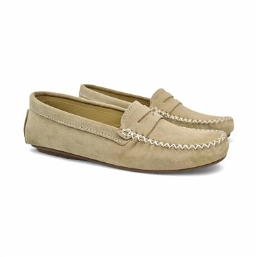 Womens Suede Leather Loafers Penny-Trim 111 Beige, by Bda