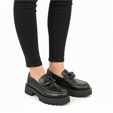 Womens Platform Loafers Patent Leather Chain Detail 24033 Black, by BDA