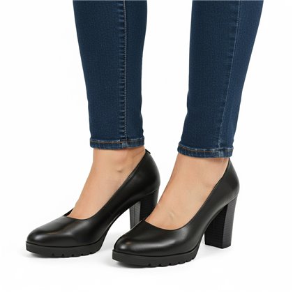 Womens Nappa Leather Mid-Heel Pumps Gel Insole Slip-Resistant Sole 8045 Black, by BDA