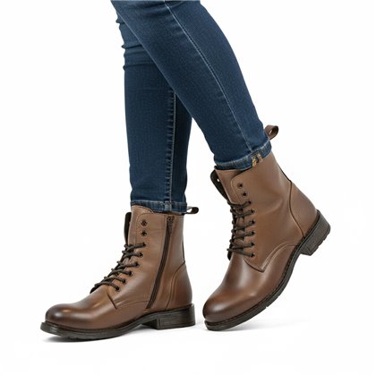 Botines Militares Mujer Piel Napa Cierre Cordones Y Cremallera 6290 Marrón, de Bda