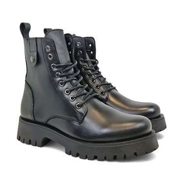 Womens Nappa Leather Combat Boots Laces and Zip Closure 416 Black, by Bda