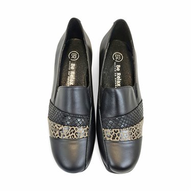 Zapatos Cómodos Cuña Mujer Piel Blanda Elásticos Laterales Animal Print 5712 Negro, de Berelax