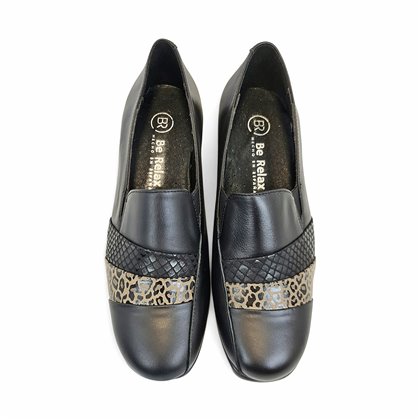 Womens Leather Wedge Slip-On Shoes Soft Leather Elastic Vamp Animal Print 5712 Black, by BeRelax