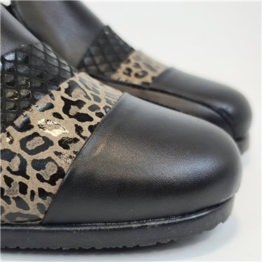 Womens Leather Wedge Slip-On Shoes Soft Leather Elastic Vamp Animal Print 5712 Black, by BeRelax