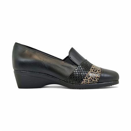 Womens Leather Wedge Slip-On Shoes Soft Leather Elastic Vamp Animal Print 5712 Black, by BeRelax