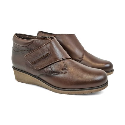 Woman Leather Low Wedged Comfort Booties Velcro Removable Insole 70244 Brown, by TuPié