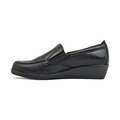 Womens Soft Leather Wedge Loafers Elastic Vamp 250 Black, by Bda