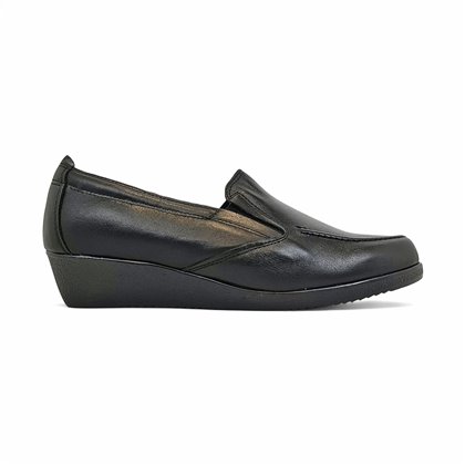 Womens Soft Leather Wedge Loafers Elastic Vamp 250 Black, by Bda