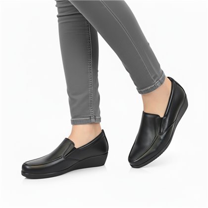 Womens Soft Leather Wedge Loafers Elastic Vamp 250 Black, by Bda