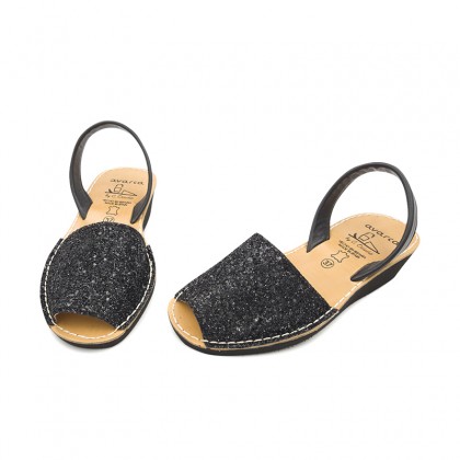 Woman Leather Wedged Menorcan Sandals Glitter 1275 Black, by C. Ortuño