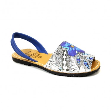 Woman Leather Menorcan Sandals Floral Print 376 Blue, by C. Ortuño