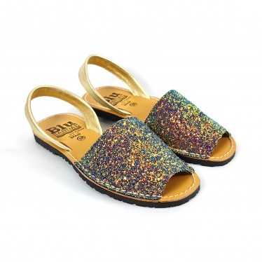 Woman Holographic Glitter Leather Menorcan Sandals 275 Rainbow, by C. Ortuño