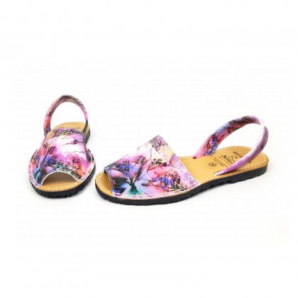 Woman Leather Menorcan Sandals Flowers Print 457 Pink, by C. Ortuño