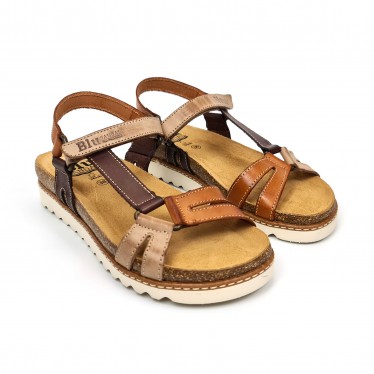 Woman Leather Flat Bio Sandals Velcro Cork Insole 1855 Leather, by Blusandal