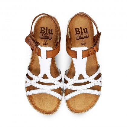 Sandalias Cuña Baja Mujer Piel Velcro Plantilla Acolchada 2896 Blanco, de Blusandal