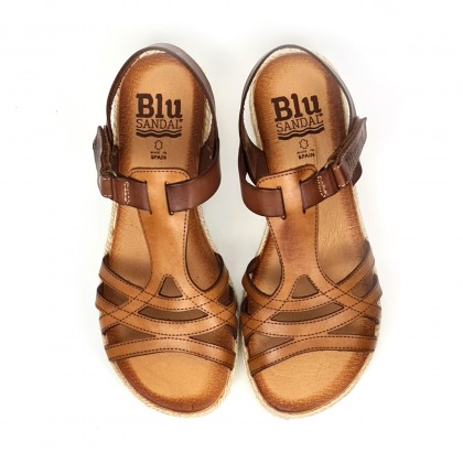 Woman Leather Low Wedged Sandals Velcro Padded Insole 2896 Leather, by Blusandal