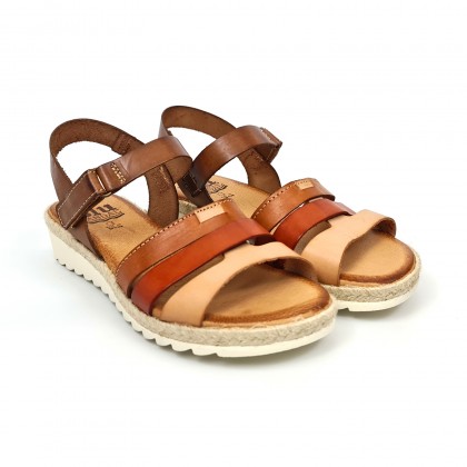 Woman Leather Low Wedged Sandals Velcro Padded Insole 2898 Multileather, by Blusandal
